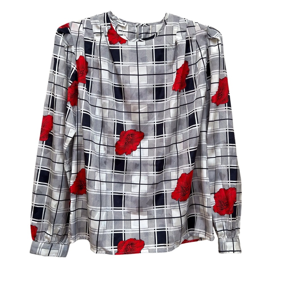 Eva Laurel Vintage 80s Floral Plaid Jacquard Blouse Princess Diana Demure Cutesy